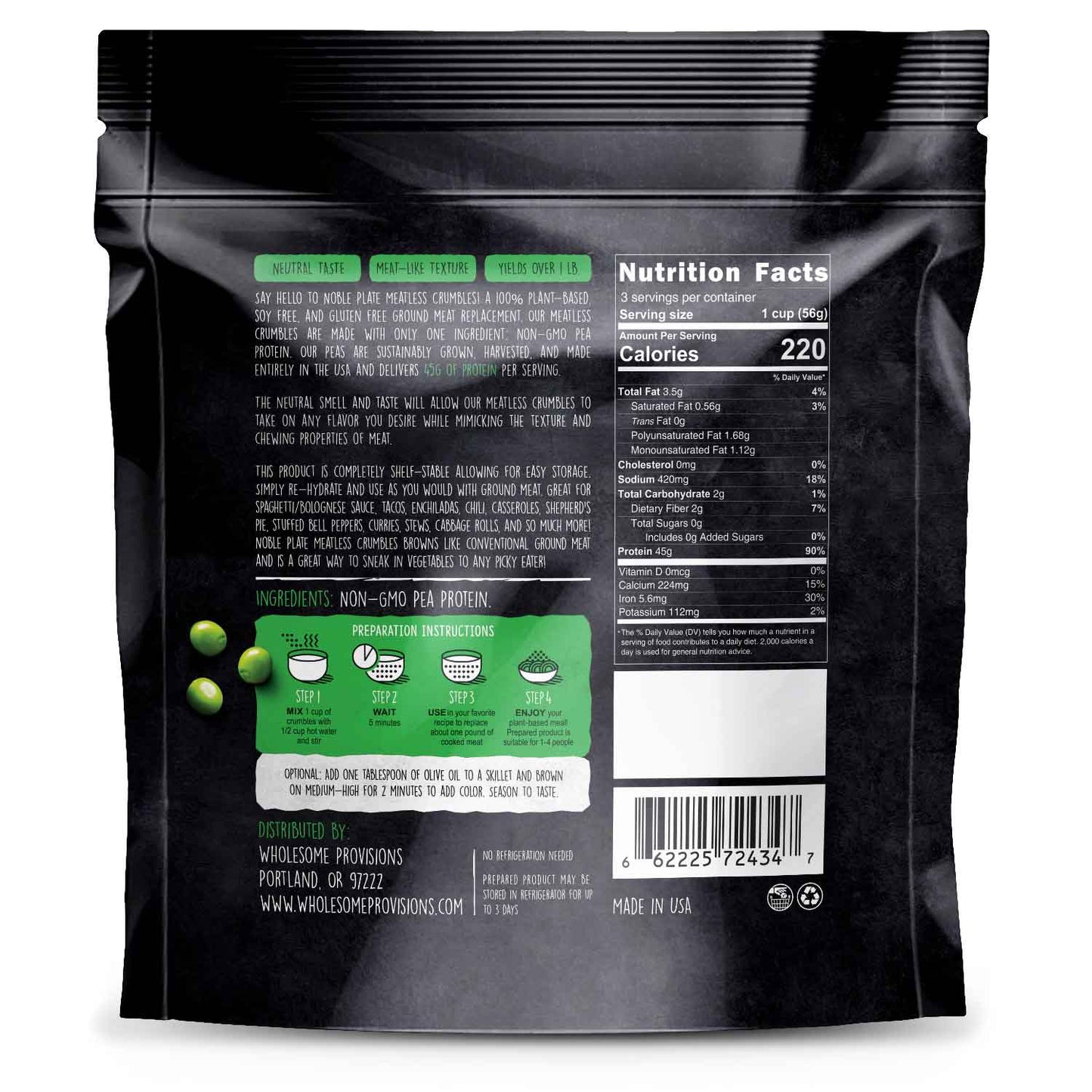 Soy Free Non-GMO Meatless Crumbles - Vegan, Made from 100% USA Peas