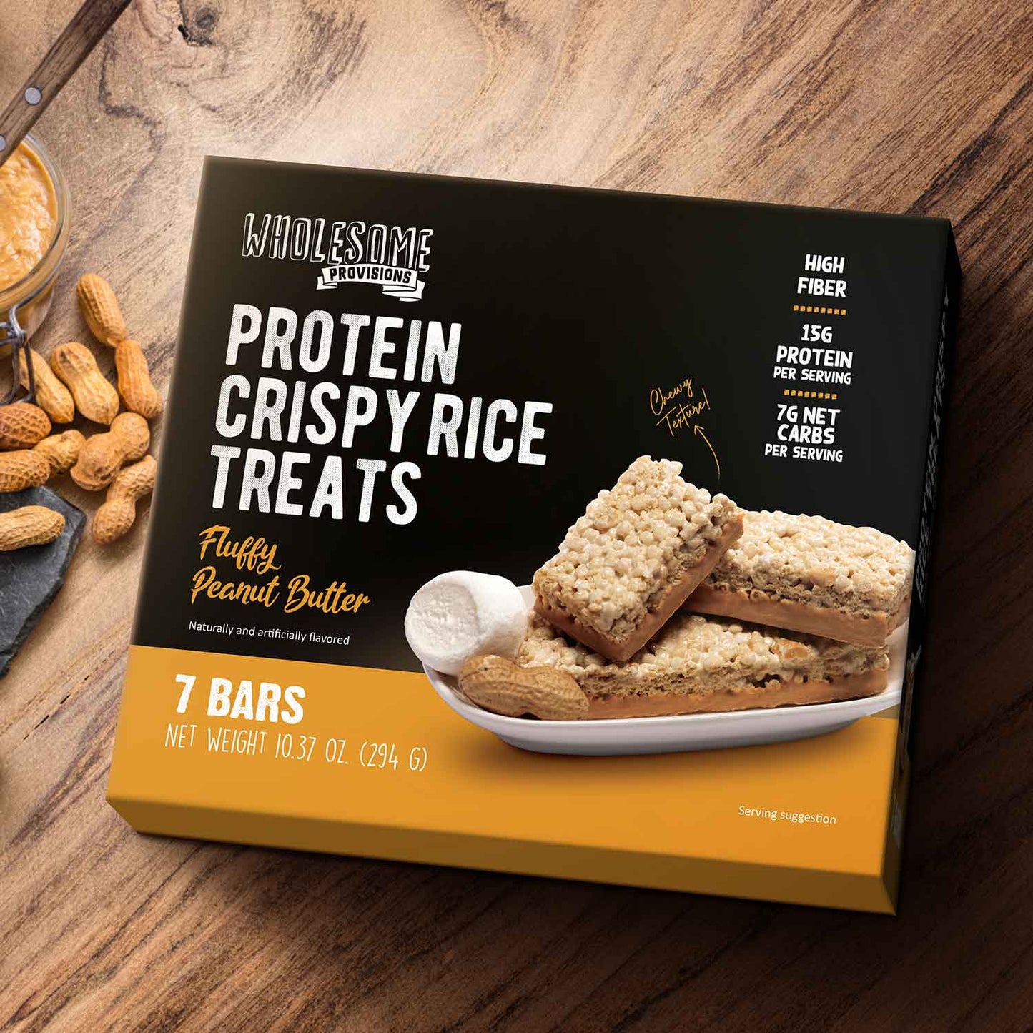 Peanut Butter Protein Rice Crispy Treats - 15g Protein, Low Carb 7g Net, High Fiber, Soft & Chewy