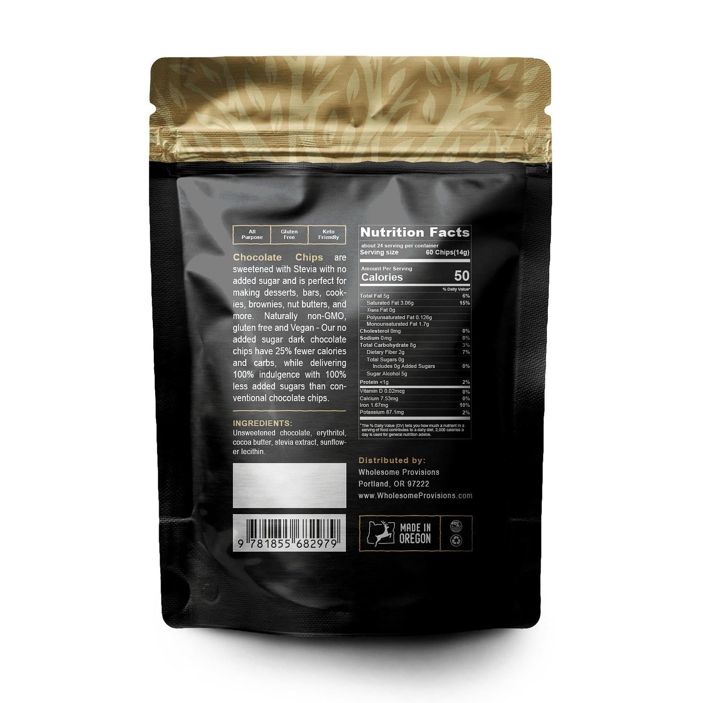 Sugar Free Chocolate Chips - Stevia Sweetened, Keto-Friendly, Vegan, Non-GMO, 12 oz.