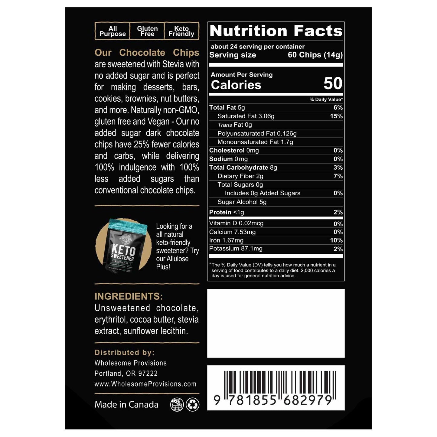 Sugar Free Chocolate Chips - Stevia Sweetened, Keto-Friendly, Vegan, Non-GMO, 12 oz.