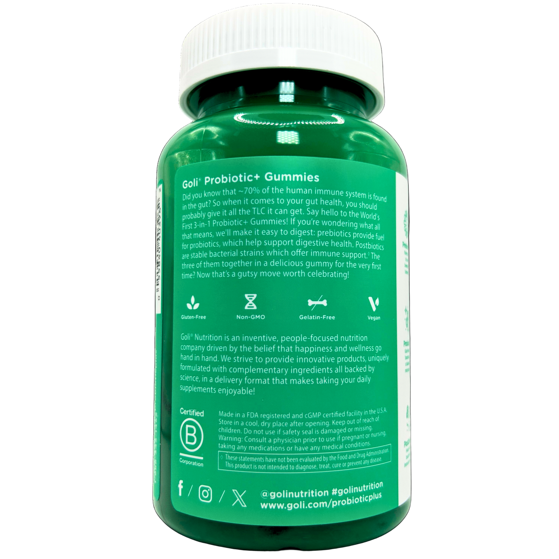 Green bottle of Goli Probiotic Gummies with label on a white background