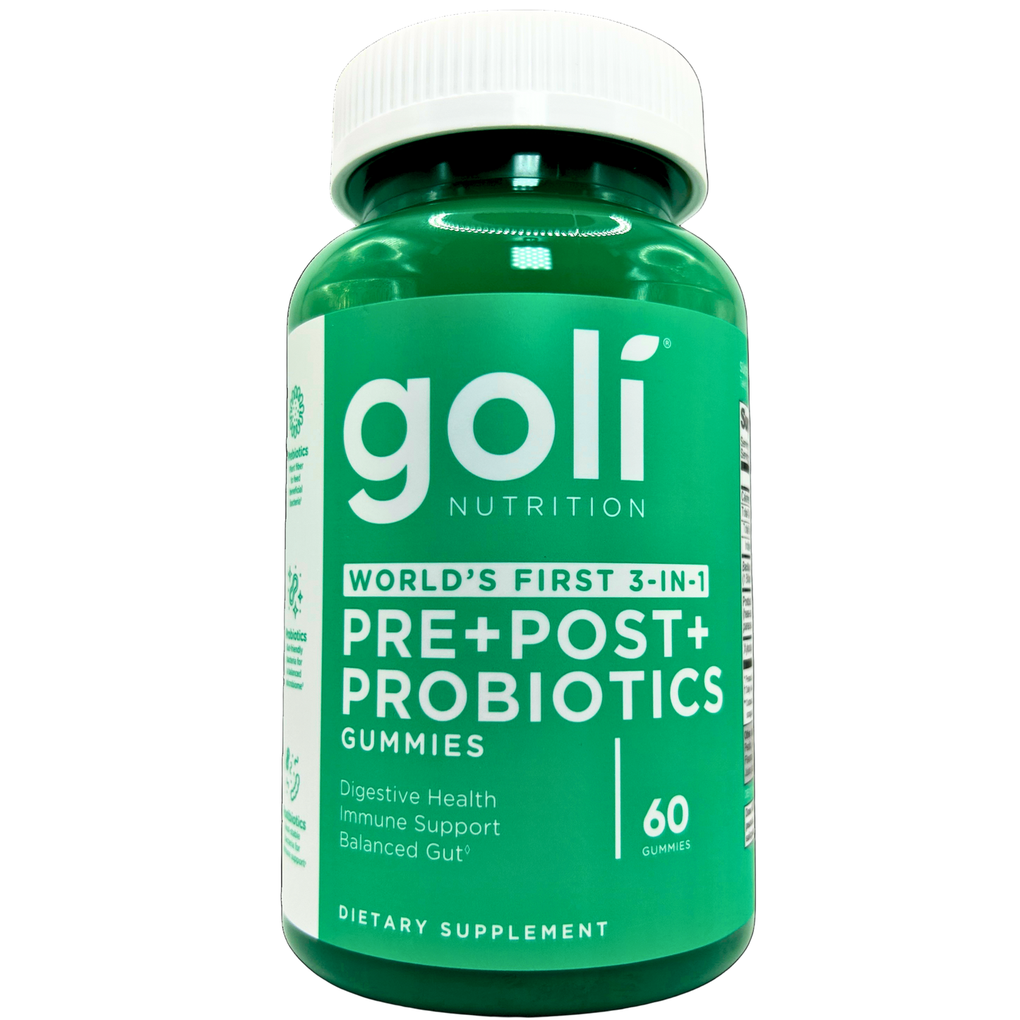 Green bottle of goli Nutrition probiotic gummies on a white background