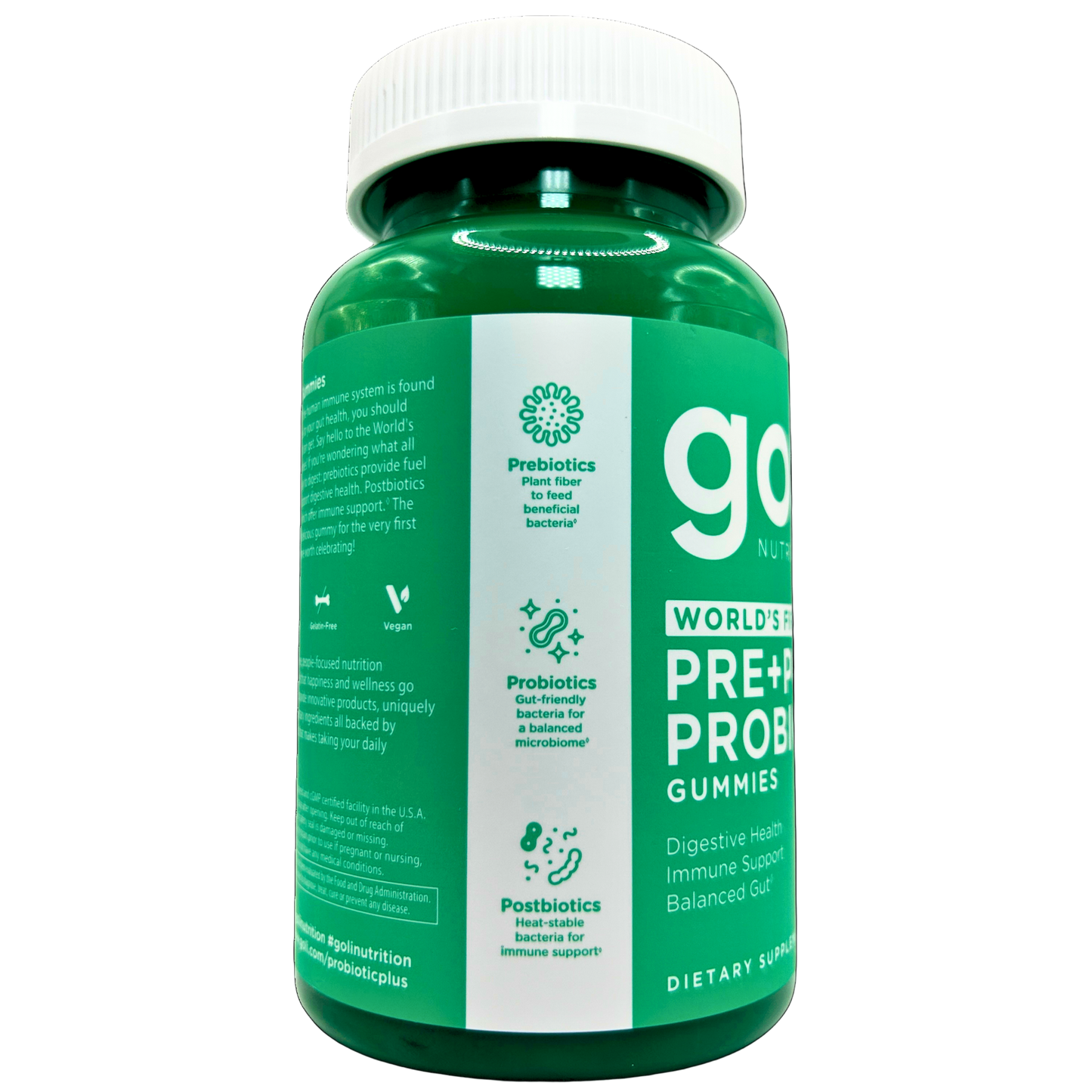 Green bottle of goGummies pre and probiotic gummies on a white background