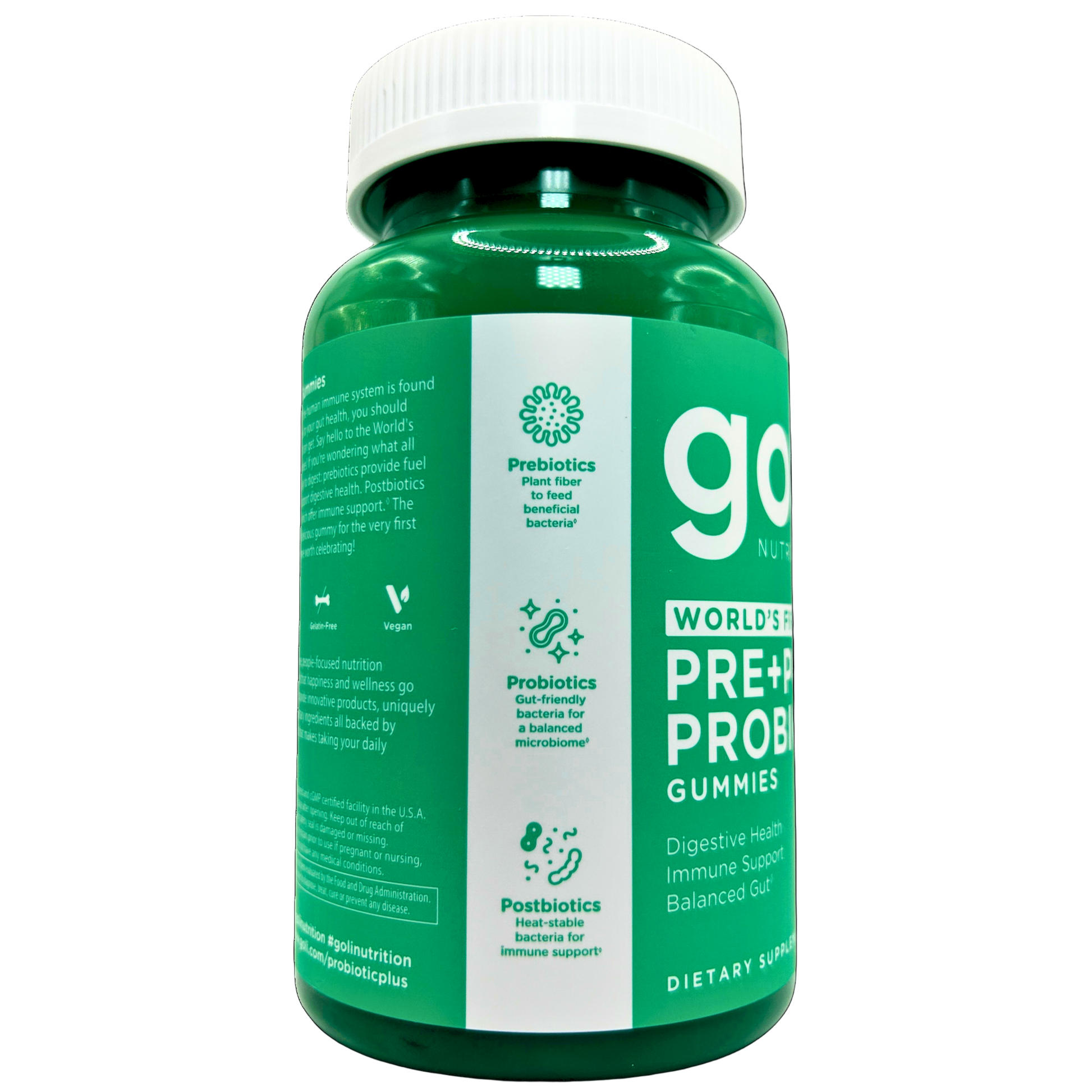 Green bottle of goGummies pre and probiotic gummies on a white background