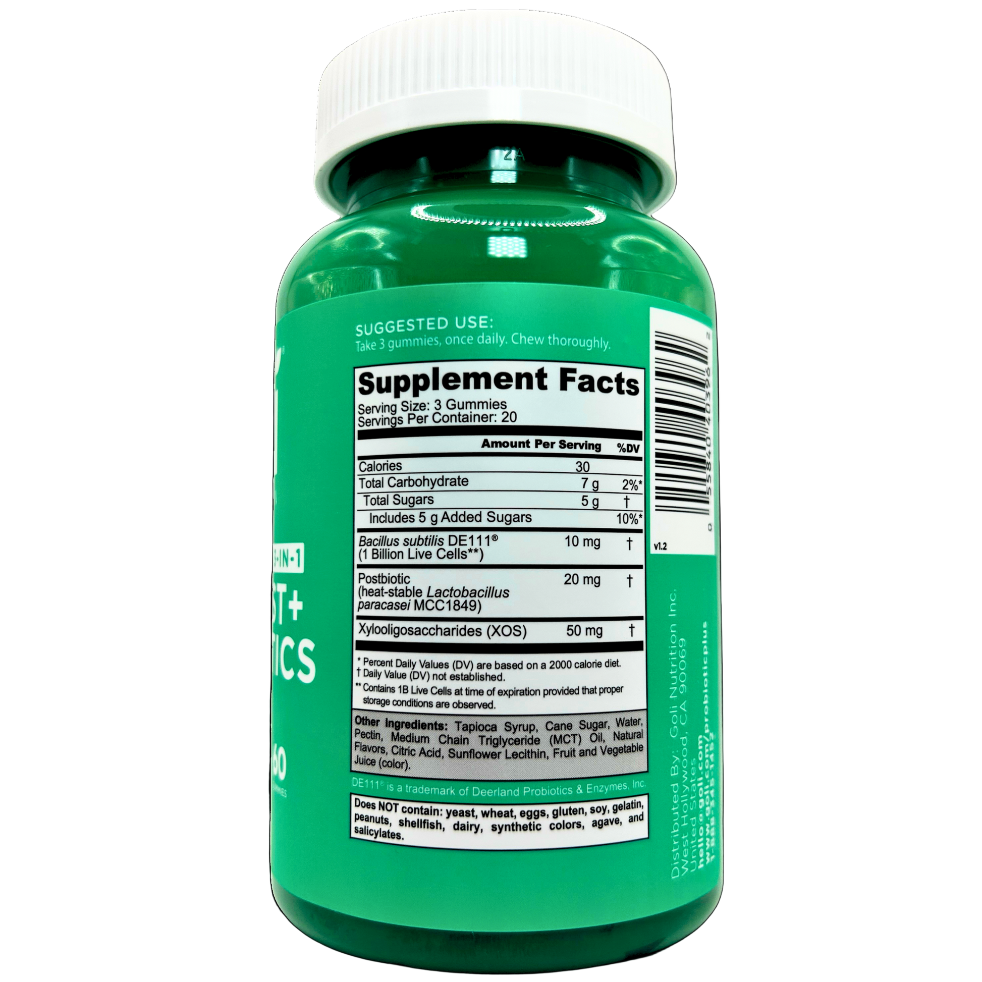 Green supplement bottle with label on a white background