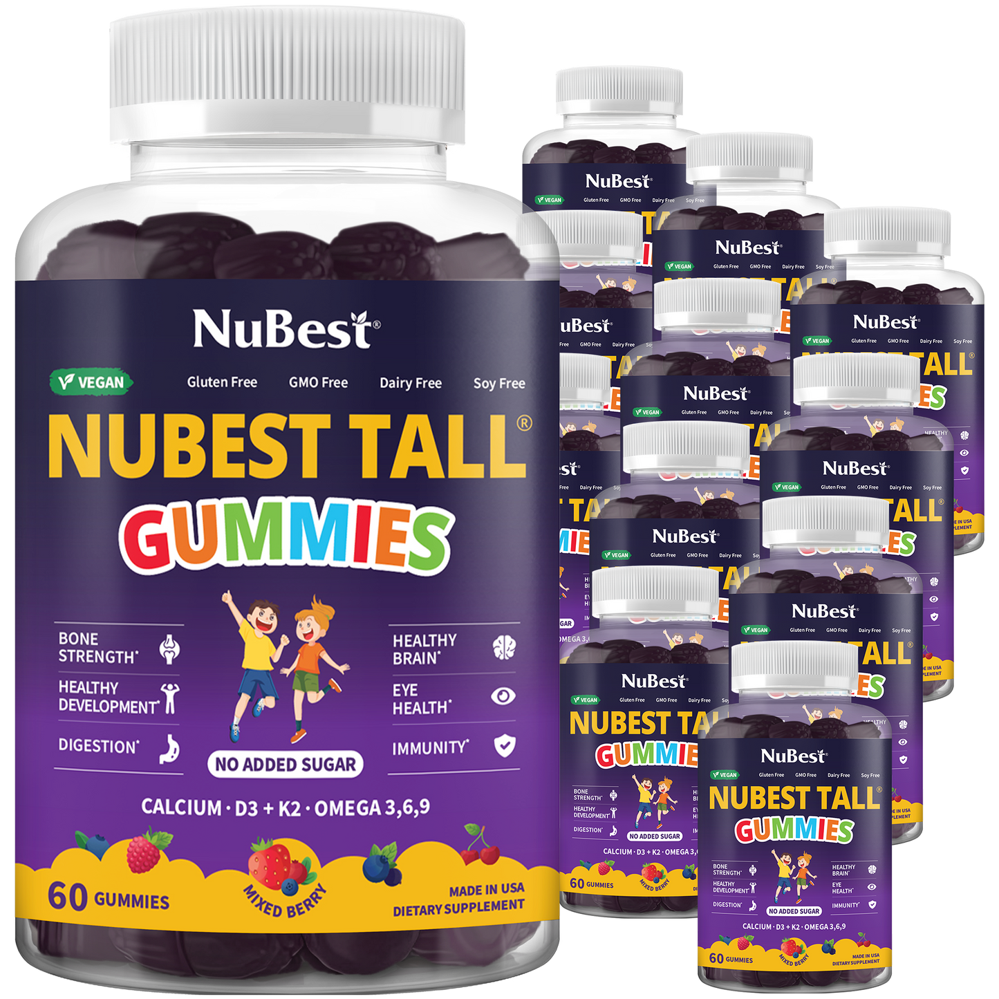 NuBest Tall Gummies for Ages 2+ & Teens, No Added Sugar, 60 Vegan Gummies