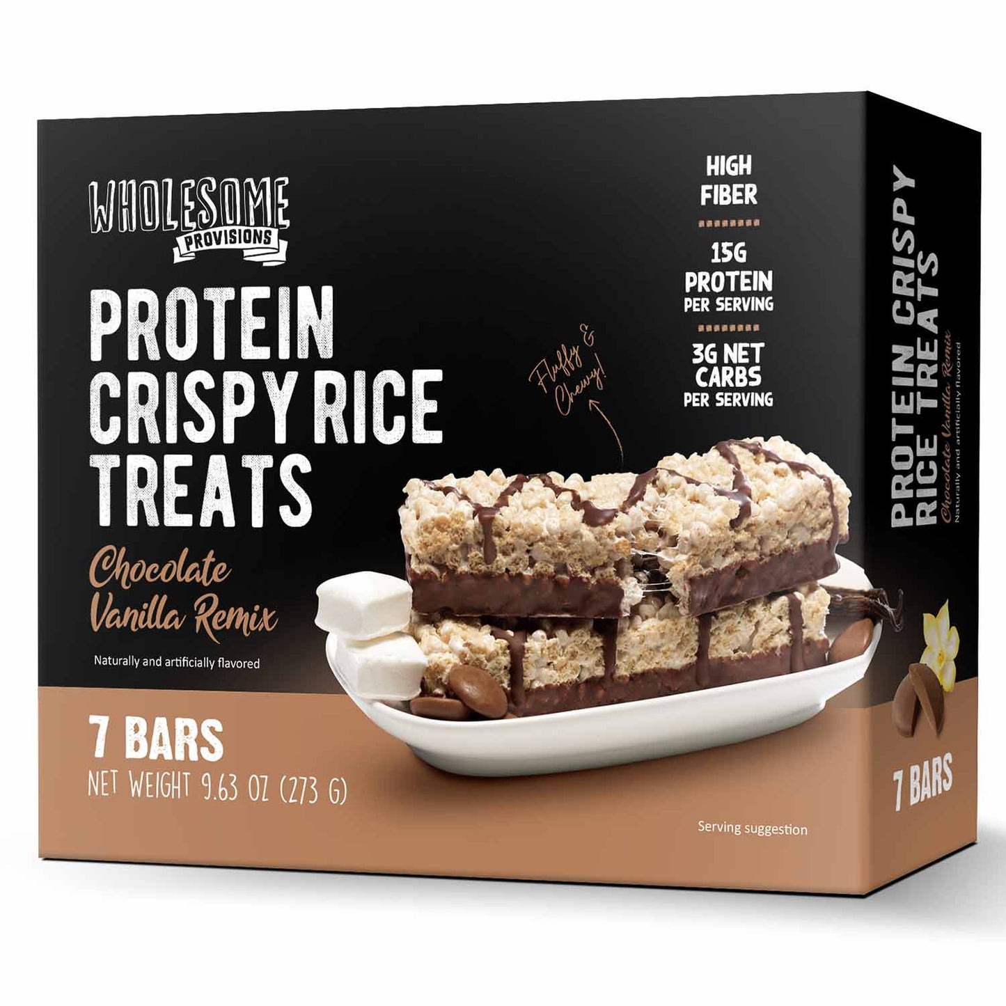 Chocolate Vanilla Protein Rice Crispy Treats - 15g Protein, Low Carb 3g Net, High Fiber, Soft & Chewy