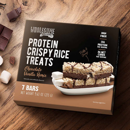 Chocolate Vanilla Protein Rice Crispy Treats - 15g Protein, Low Carb 3g Net, High Fiber, Soft & Chewy