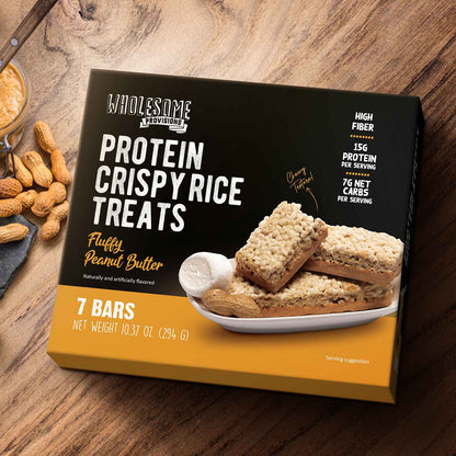 Peanut Butter Protein Rice Crispy Treats - 15g Protein, Low Carb 7g Net, High Fiber, Soft & Chewy