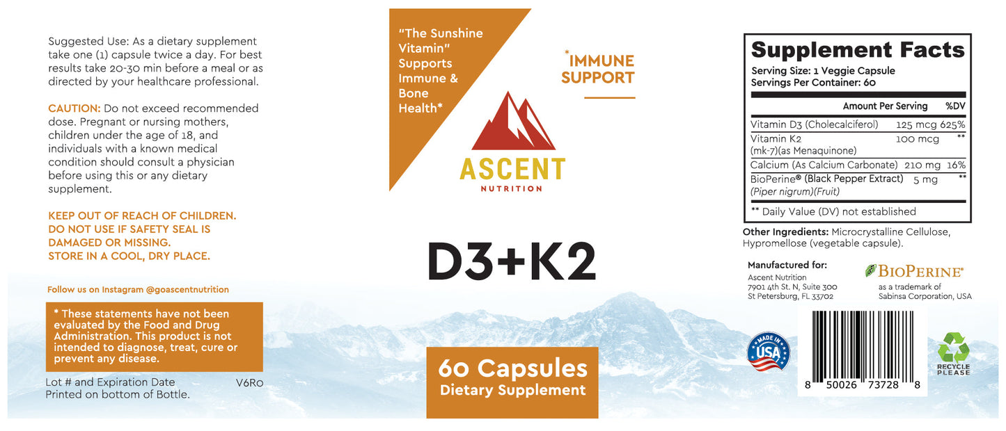 D3 + K2, 60 Capsules, 125 mcg D3 + 100 mcg K2