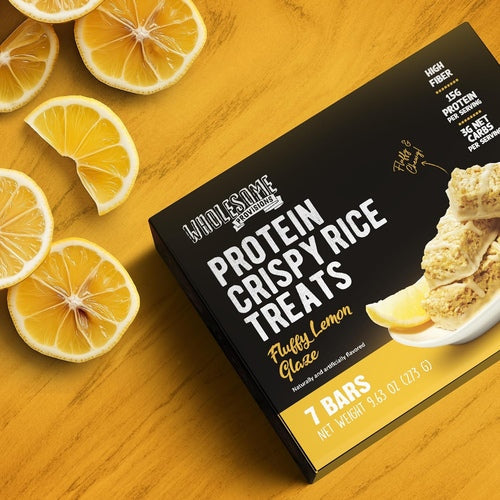 Lemon Glaze Protein Rice Crispy Treats - 15g Protein, Low Carb 4g Net, High Fiber, Soft & Chewy