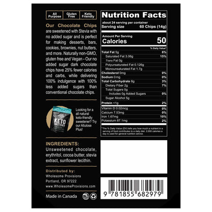 Sugar Free Chocolate Chips - Stevia Sweetened, Keto-Friendly, Vegan, Non-GMO, 12 oz.