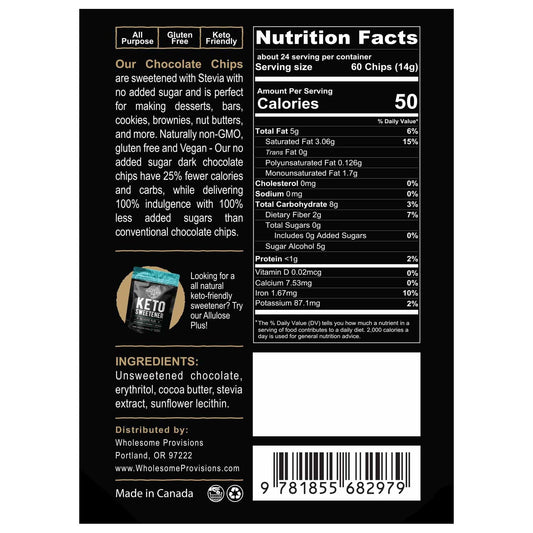 Sugar Free Chocolate Chips - Stevia Sweetened, Keto-Friendly, Vegan, Non-GMO, 12 oz.