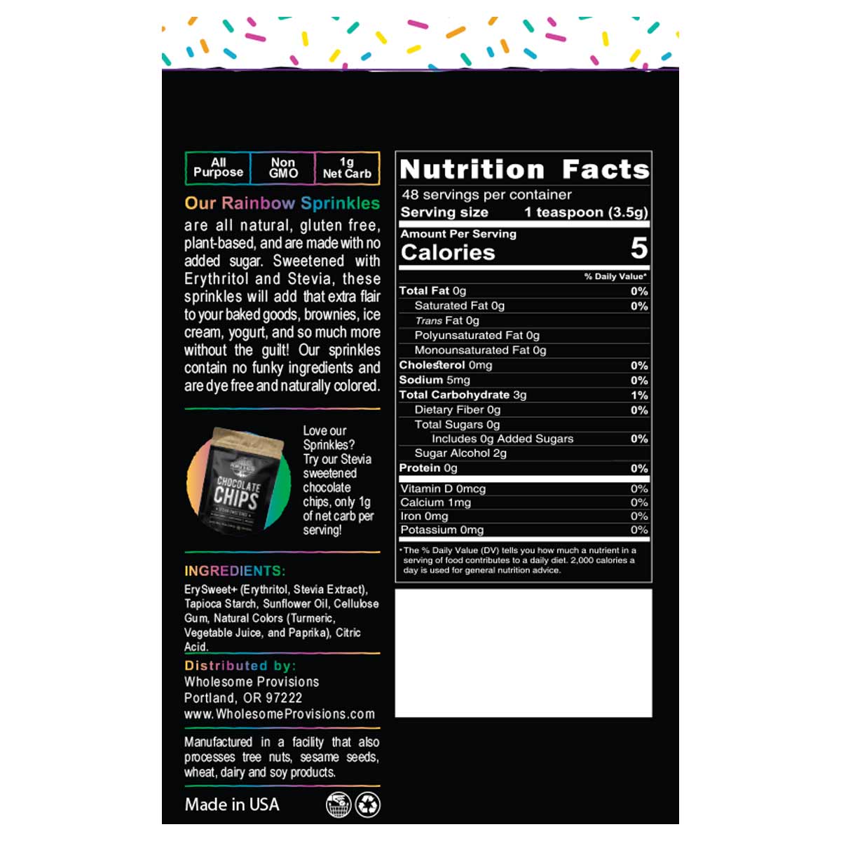 Rainbow Keto Sprinkles, Dye Free, Non-GMO, Plant-Based, No Artificial Coloring, 6 oz.