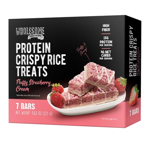 Strawberry Cream Protein Rice Crispy Treats - 15g Protein, Low Carb 4g Net, High Fiber, Soft & Chewy