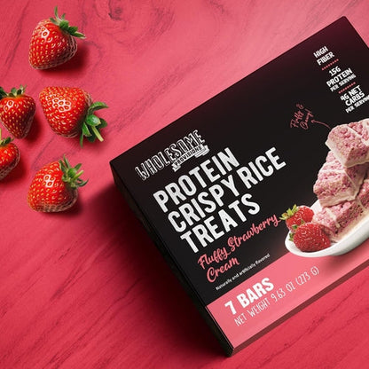 Strawberry Cream Protein Rice Crispy Treats - 15g Protein, Low Carb 4g Net, High Fiber, Soft & Chewy