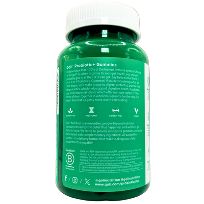 Green bottle of Goli Probiotic Gummies with label on a white background