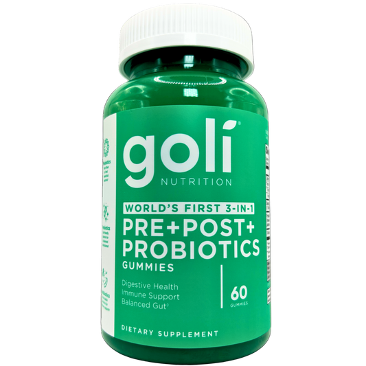 Green bottle of goli Nutrition probiotic gummies on a white background