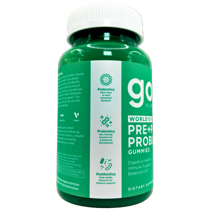 Green bottle of goGummies pre and probiotic gummies on a white background