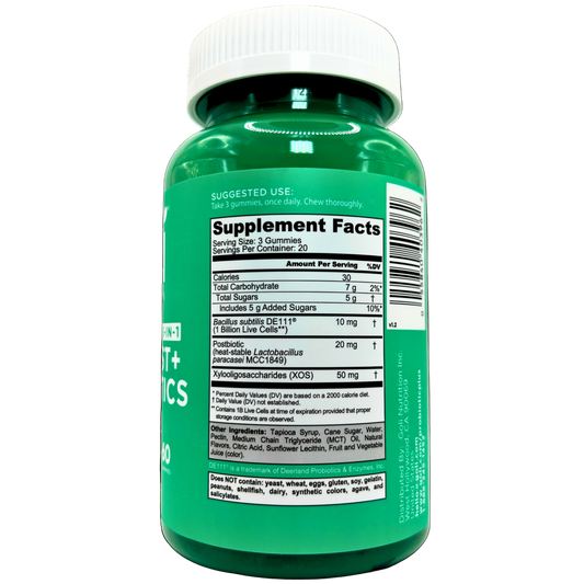 Green supplement bottle with label on a white background