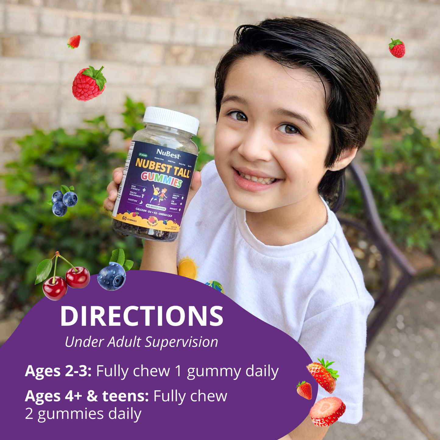 NuBest Tall Gummies for Ages 2+ & Teens, No Added Sugar, 60 Vegan Gummies