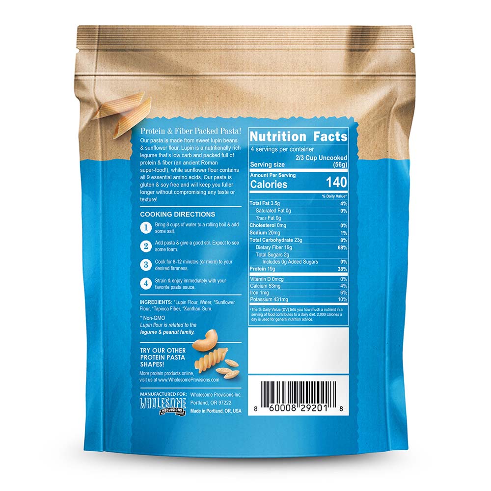 Penne Protein Pasta - 19g Protein & 4g Net Carb, Lupin Pasta, Keto Pasta, Gluten Free, 8 oz.